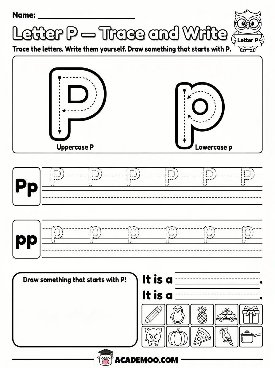 Letter P Trace and Write worksheet — pre-k language arts printable PDF · Printable letter p trace and write worksheet for Pre-K.