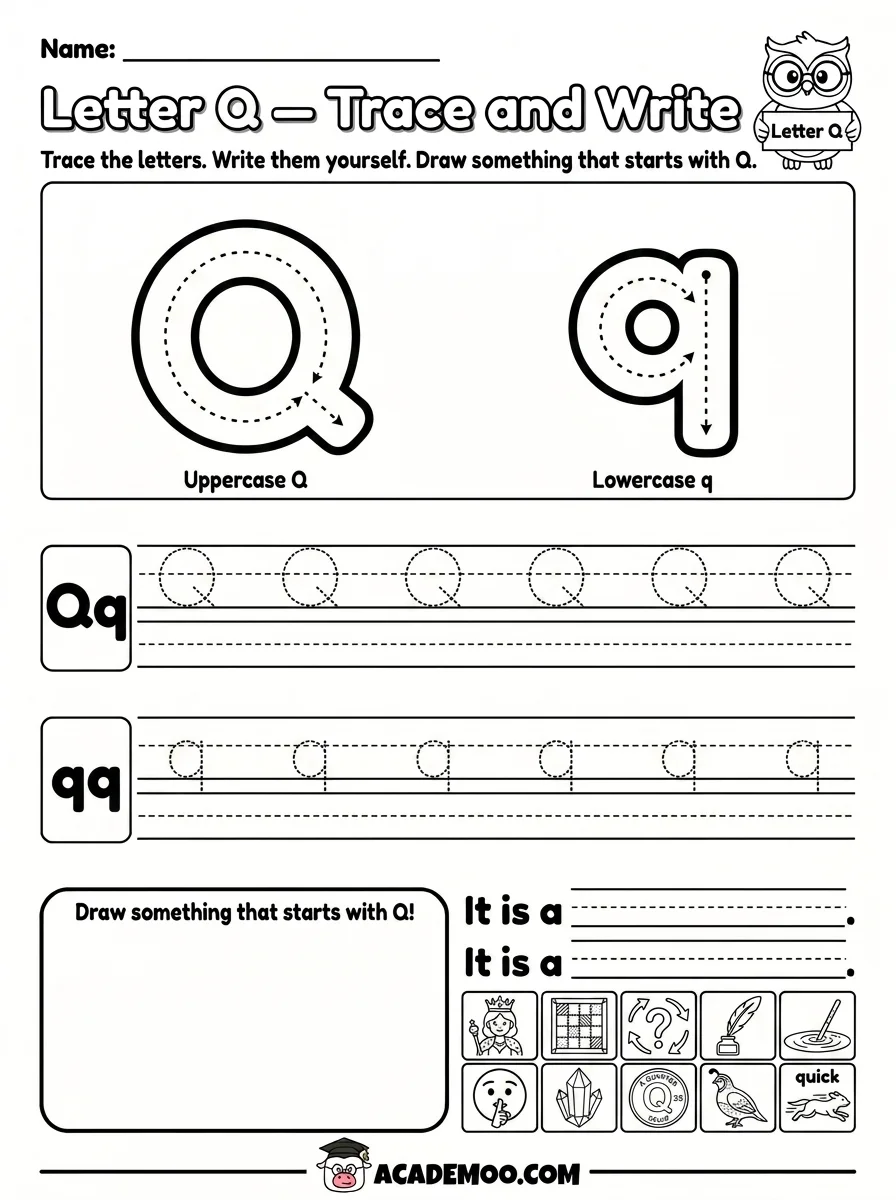 Letter Q Trace and Write worksheet — pre-k language arts printable PDF · Printable letter q trace and write worksheet for Pre-K.