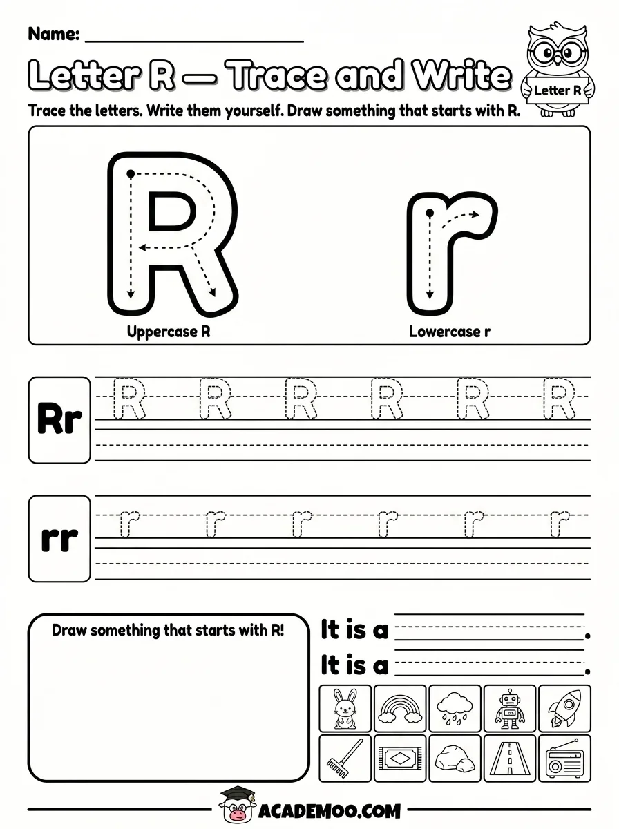Letter R Trace and Write worksheet — pre-k language arts printable PDF · Printable letter r trace and write worksheet for Pre-K.