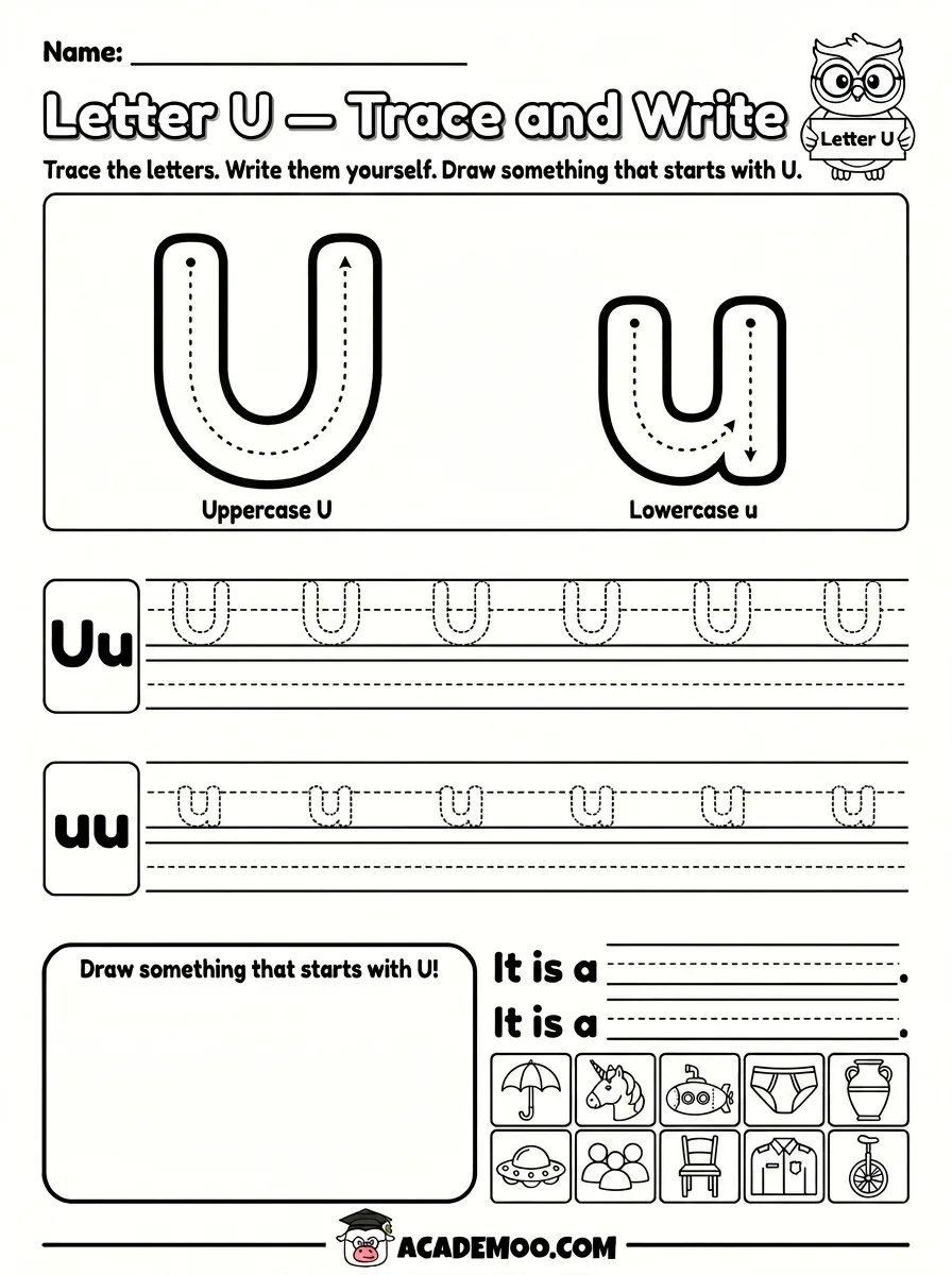 Letter U Trace and Write worksheet — pre-k language arts printable PDF · Printable letter u trace and write worksheet for Pre-K.