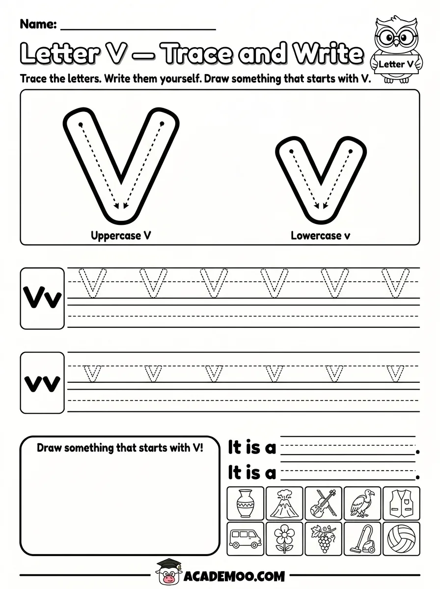 Letter V Trace and Write worksheet — pre-k language arts printable PDF · Printable letter v trace and write worksheet for Pre-K.