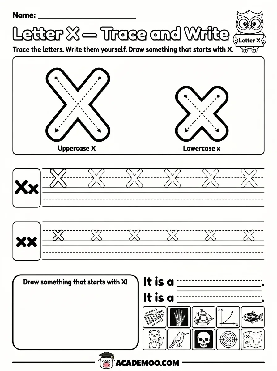 Letter X Trace and Write worksheet — pre-k language arts printable PDF · Printable letter x trace and write worksheet for Pre-K.