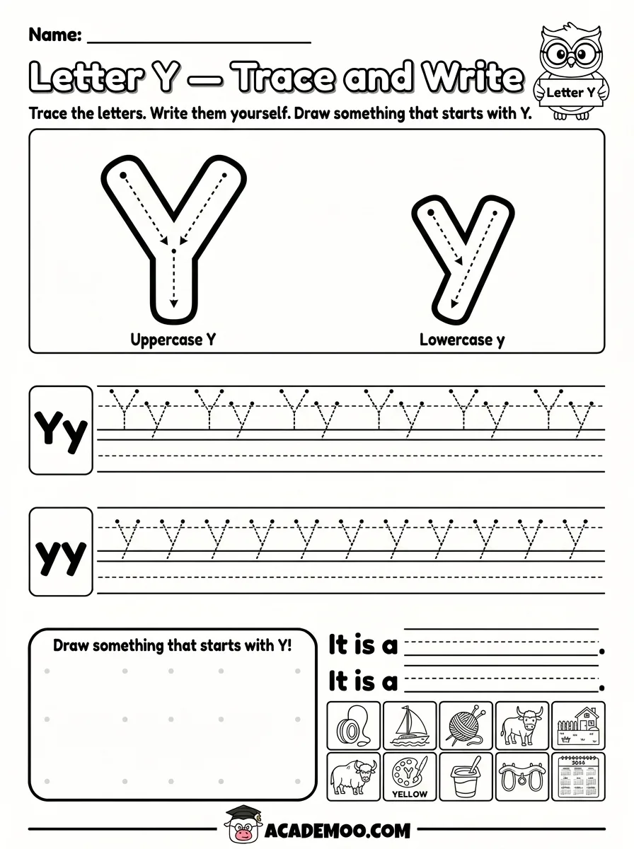 Letter Y Trace and Write worksheet — pre-k language arts printable PDF · Printable letter y trace and write worksheet for Pre-K.