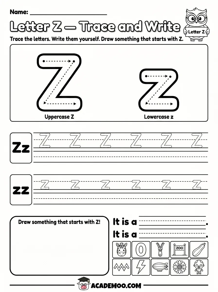 Letter Z Trace and Write worksheet — pre-k language arts printable PDF · Printable letter z trace and write worksheet for Pre-K.