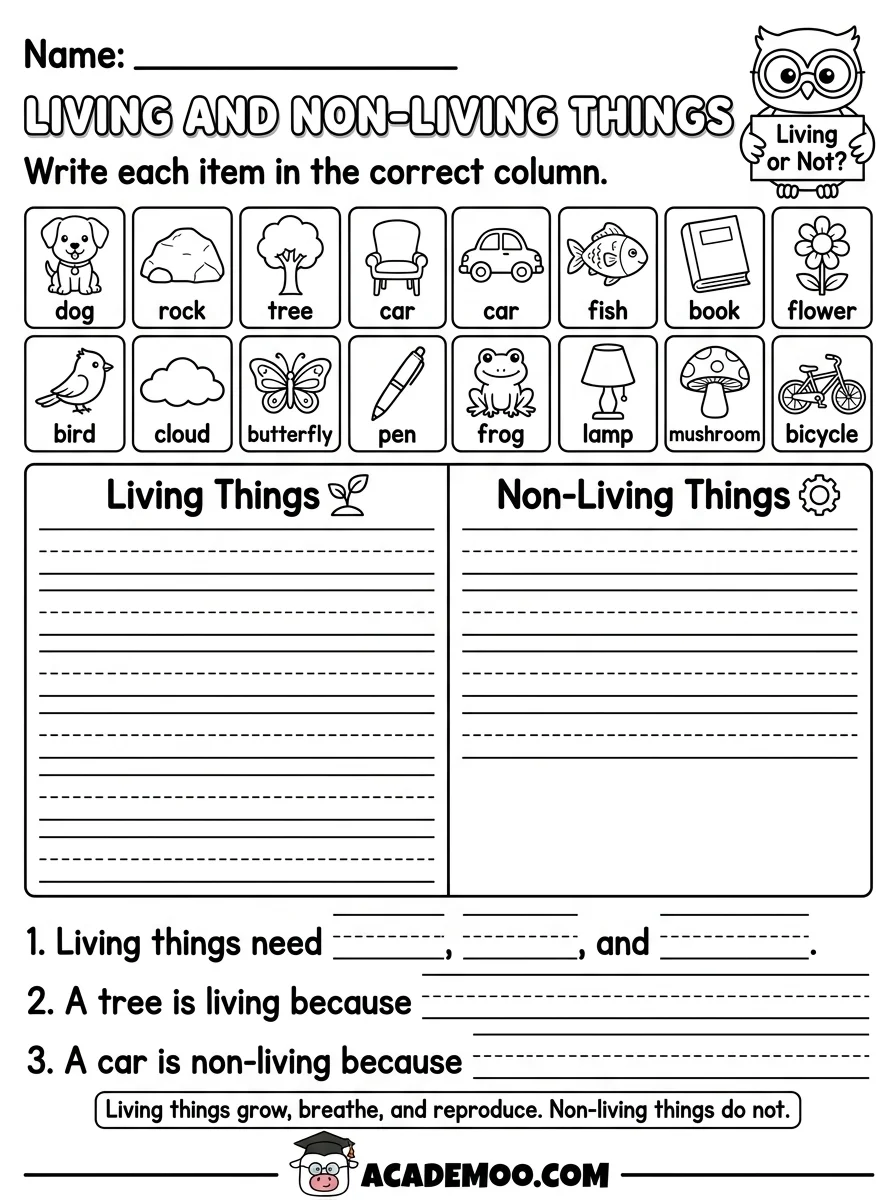 Living and Non-Living Things worksheet — kindergarten science printable PDF · Printable living and non-living things worksheet for Kindergarten.
