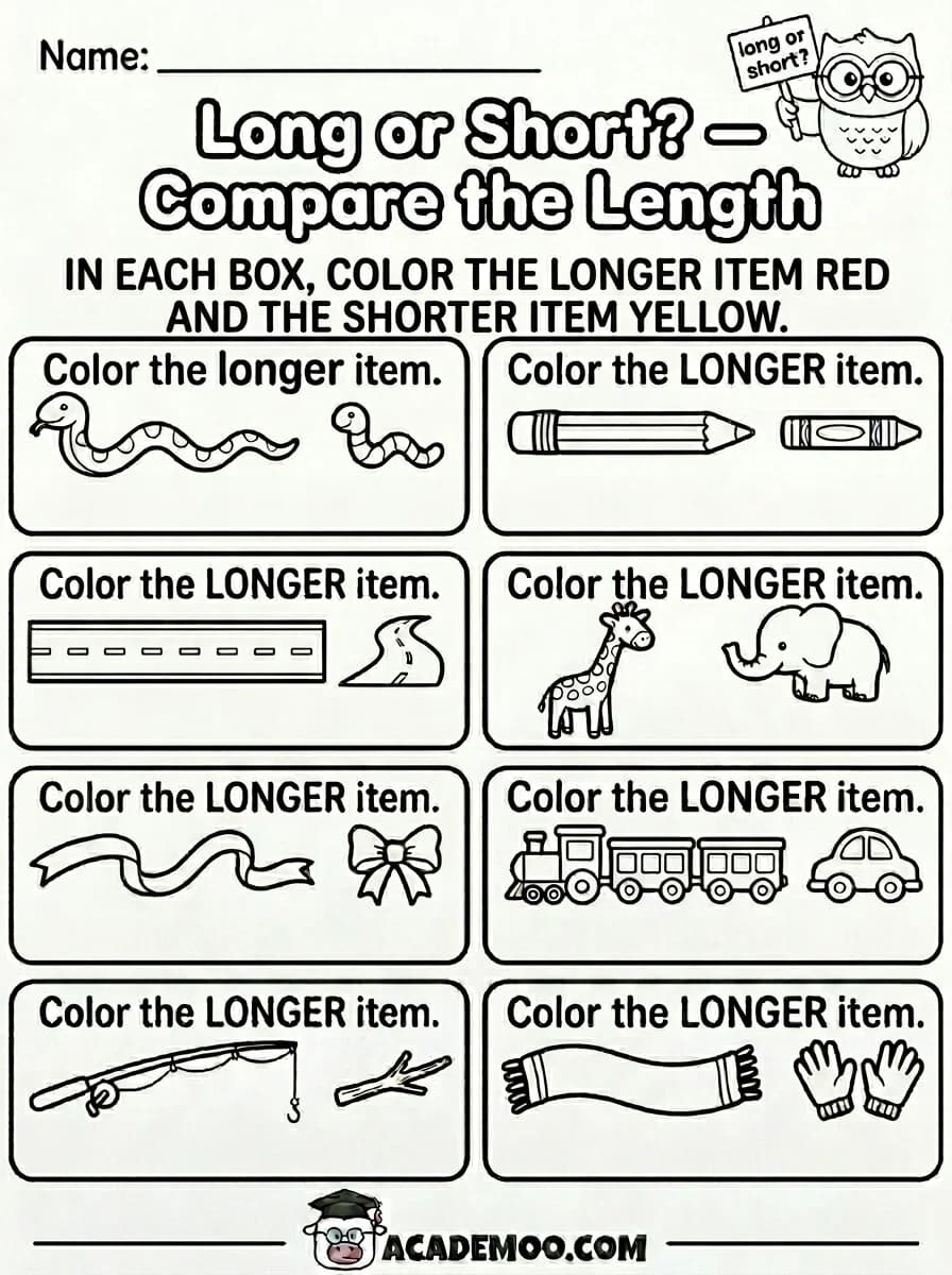 Long or Short Compare the Length worksheet — pre-k math printable PDF · Free printable Long or Short Compare the Length worksheet for Pre-K.