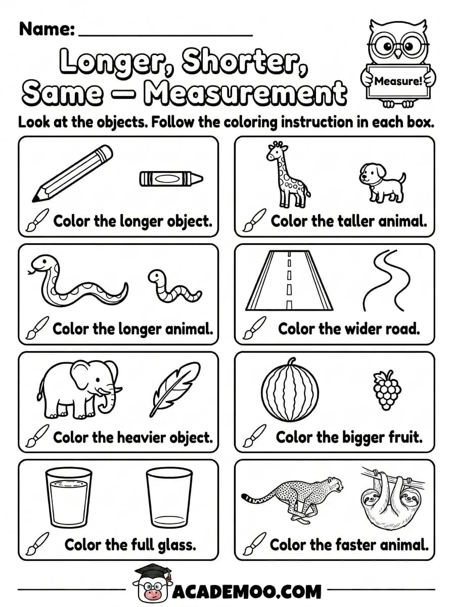Longer Shorter Same Measurement worksheet — kindergarten math printable PDF · Printable longer shorter same measurement worksheet for Kindergarten.