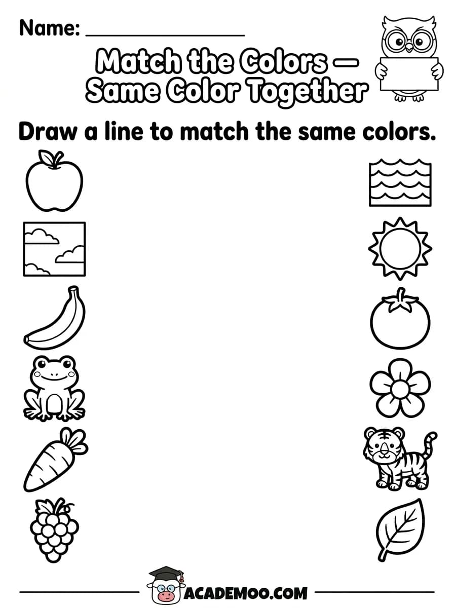 Match the Colors worksheet — pre-k math printable PDF · Printable match the colors worksheet for Pre-K.