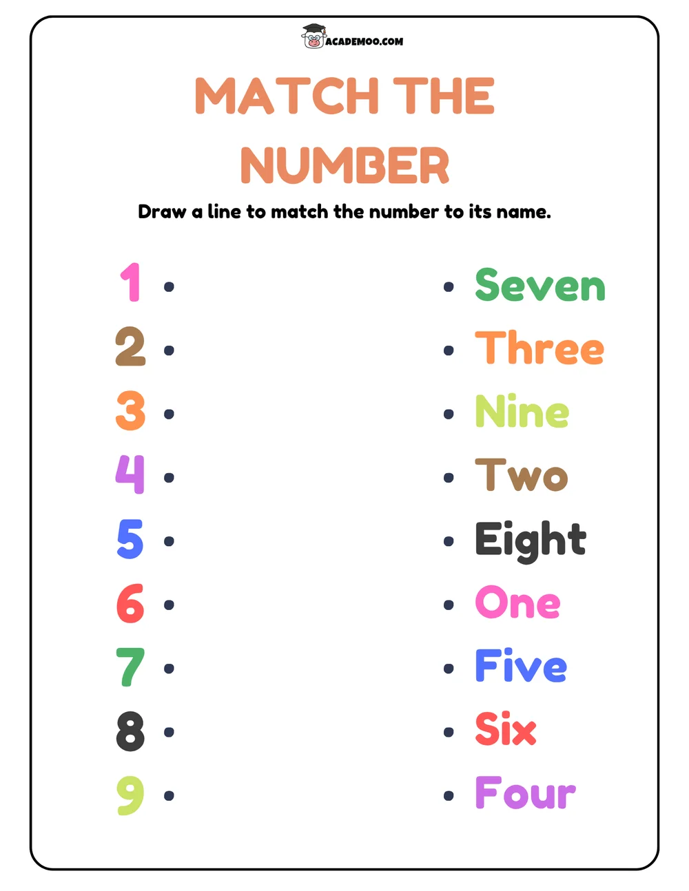 Match the Number worksheet — pre-k math printable PDF · Printable match the number worksheet for Pre-K.