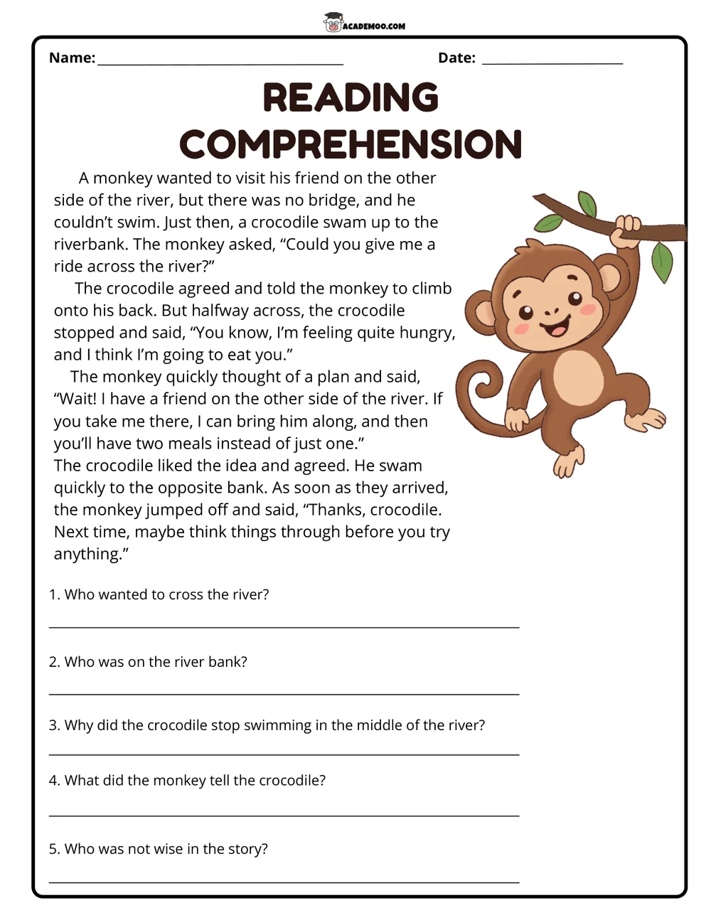 The Monkey and the Crocodile worksheet — 3rd grade language arts printable PDF · Printable The Monkey and the Crocodile reading comprehension worksheet for 3rd Grade.