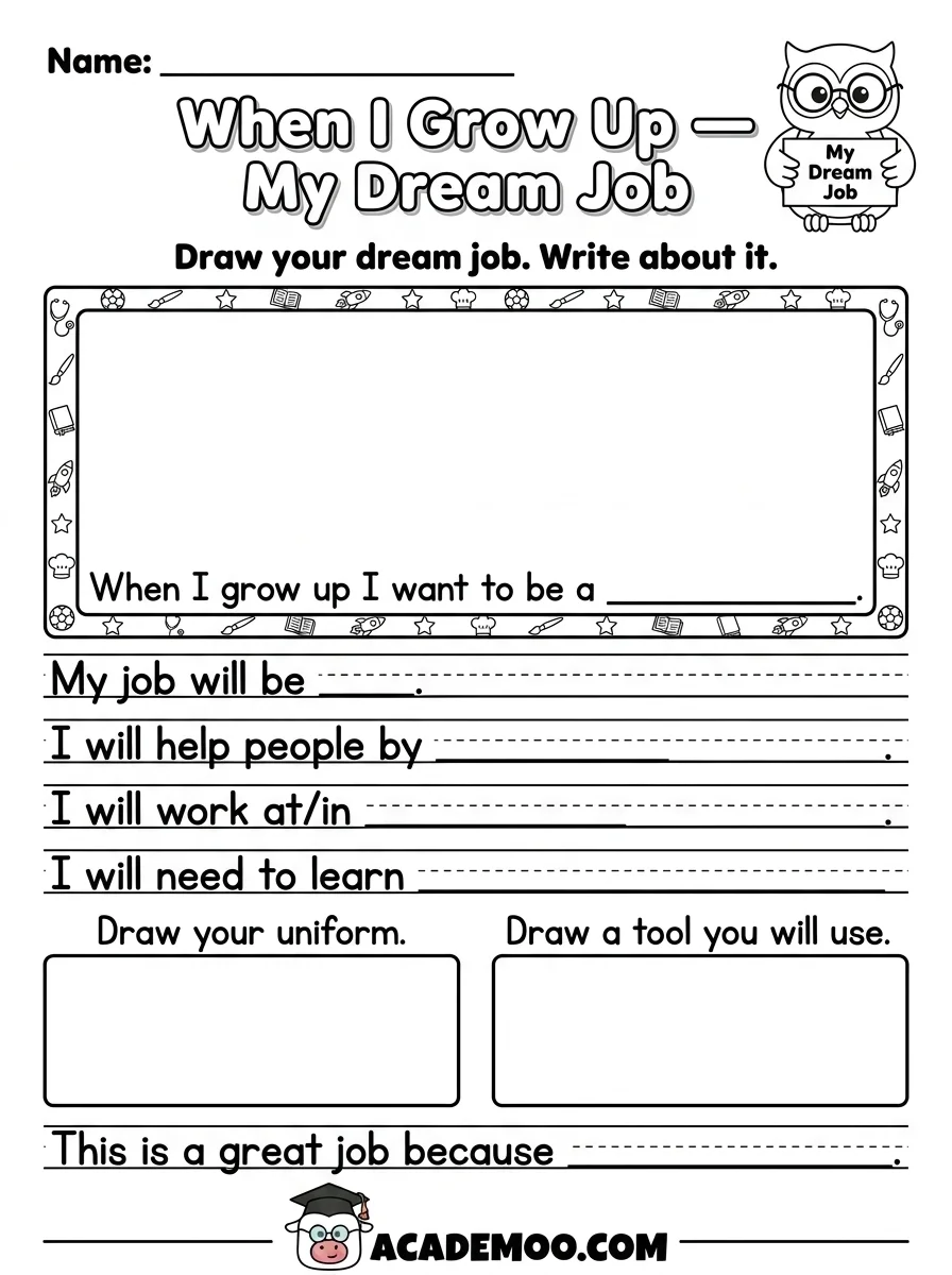 My Dream Job worksheet — kindergarten language arts printable PDF · Printable my dream job worksheet for Kindergarten.