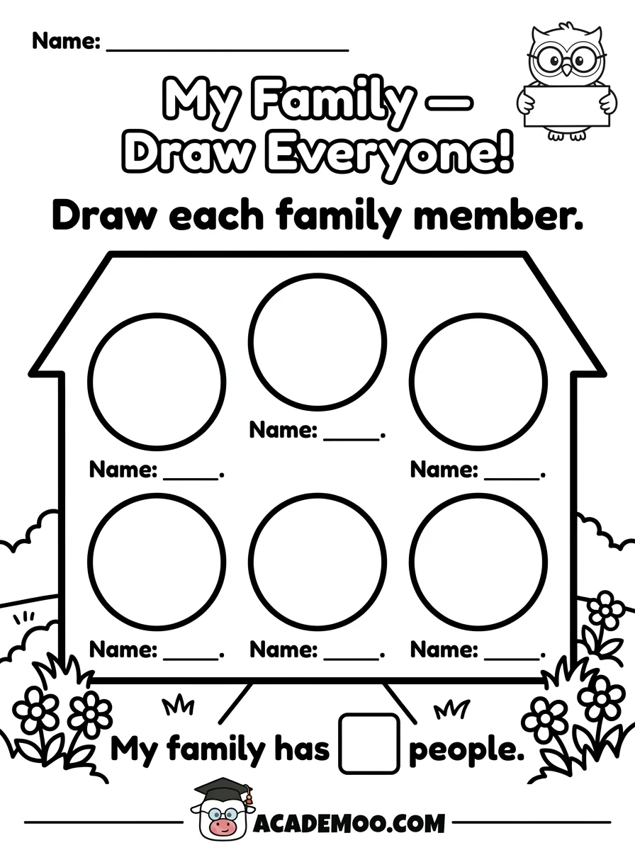 My Family Draw Everyone worksheet — pre-k language arts printable PDF · Free printable My Family Draw Everyone worksheet for Pre-K.