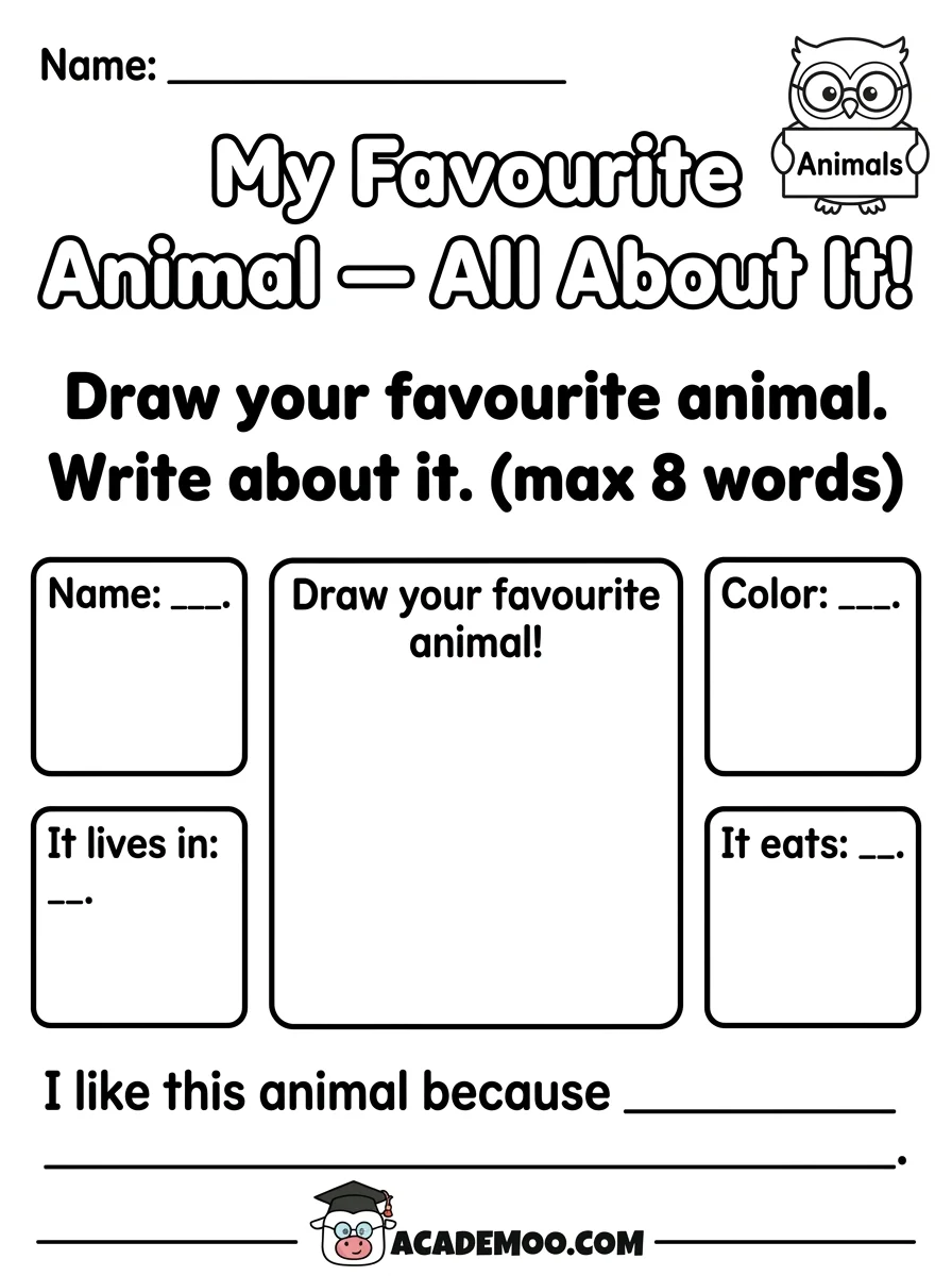 My Favorite Animal All About It worksheet — pre-k language arts printable PDF · Free printable My Favorite Animal All About It worksheet for Pre-K.