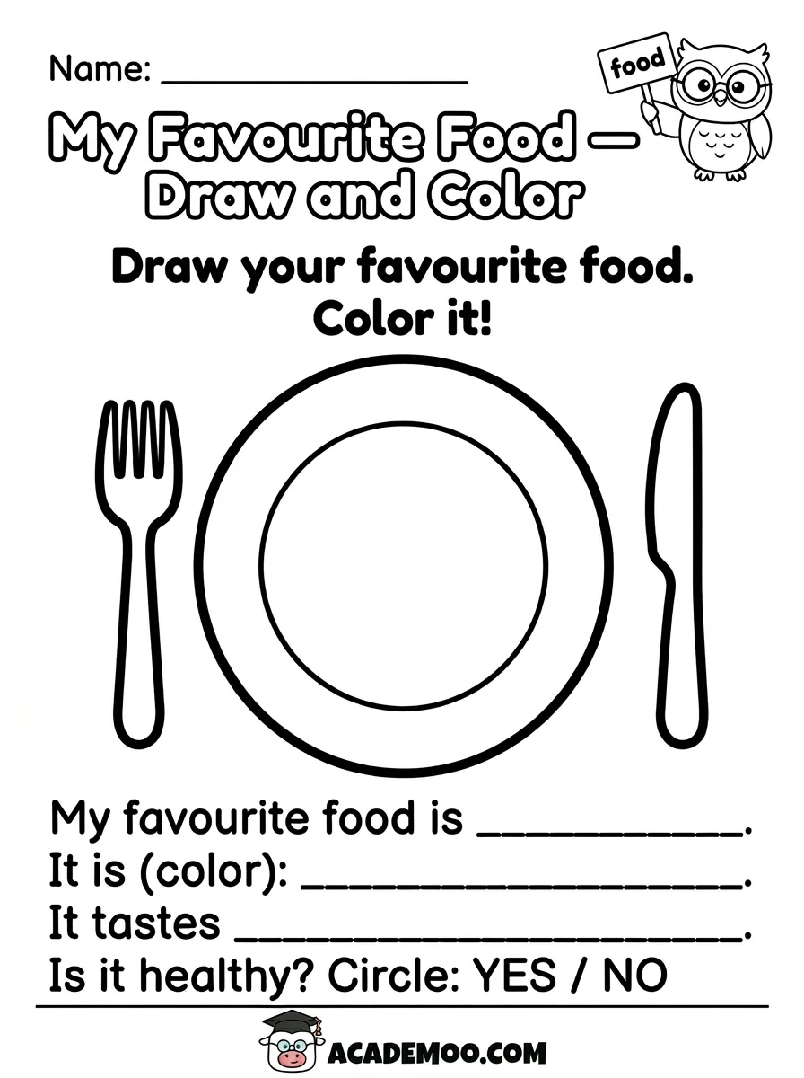 My Favorite Food Draw and Color worksheet — pre-k language arts printable PDF · Free printable My Favorite Food Draw and Color worksheet for Pre-K.