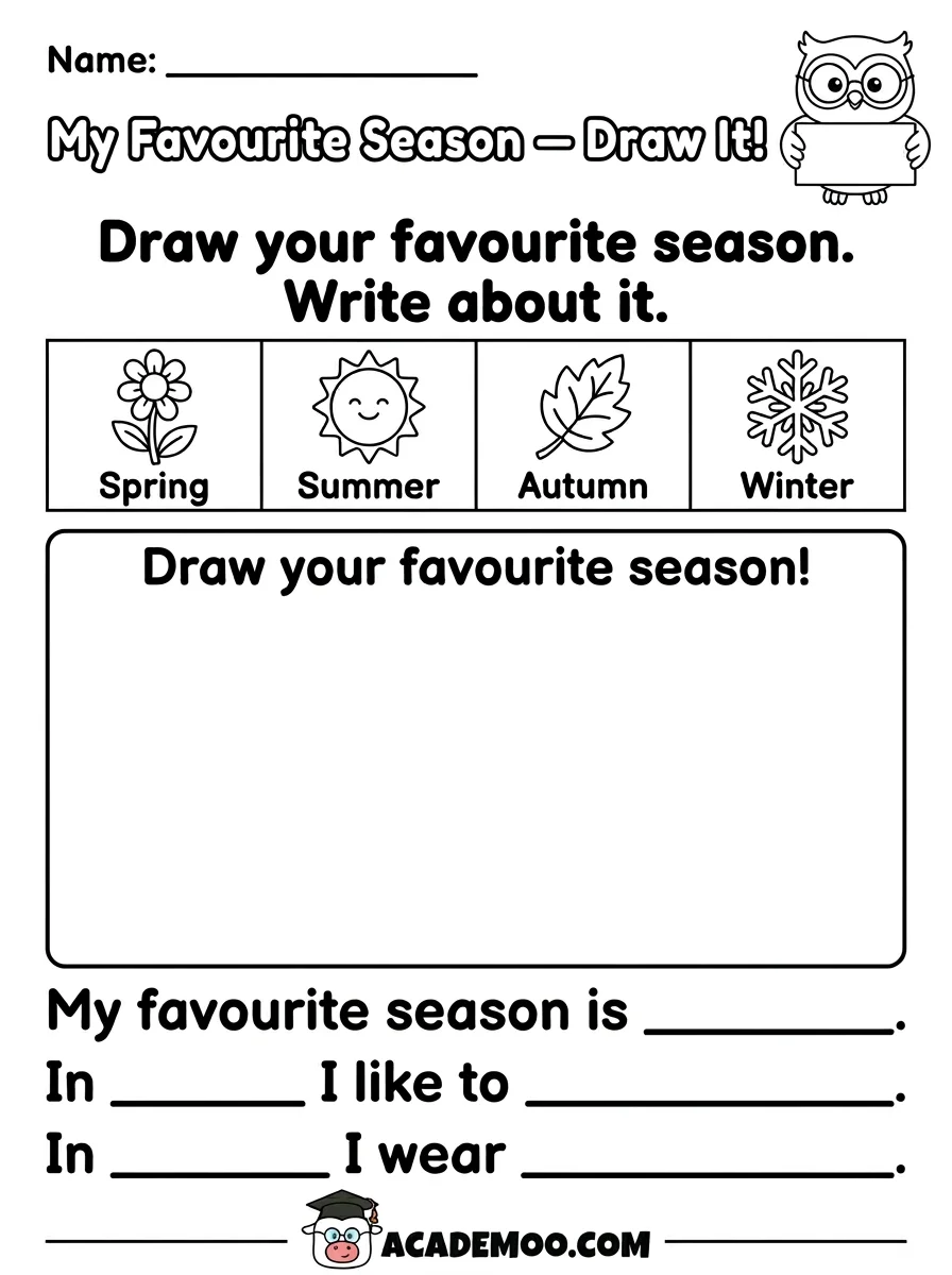 My Favorite Season Draw It worksheet — pre-k language arts printable PDF · Free printable My Favorite Season Draw It worksheet for Pre-K.