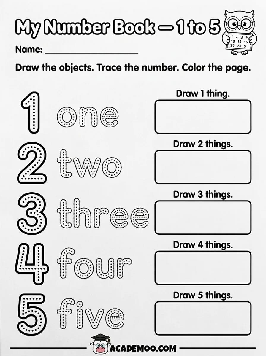 My Number Book 1 to 5 worksheet — pre-k math printable PDF · Printable my number book 1 to 5 worksheet for Pre-K.