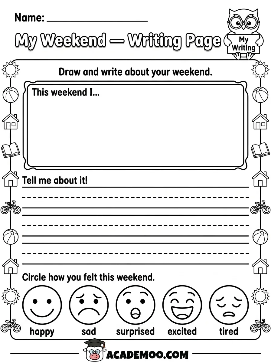 My Weekend Writing Page worksheet — kindergarten language arts printable PDF · Printable my weekend writing page worksheet for Kindergarten.