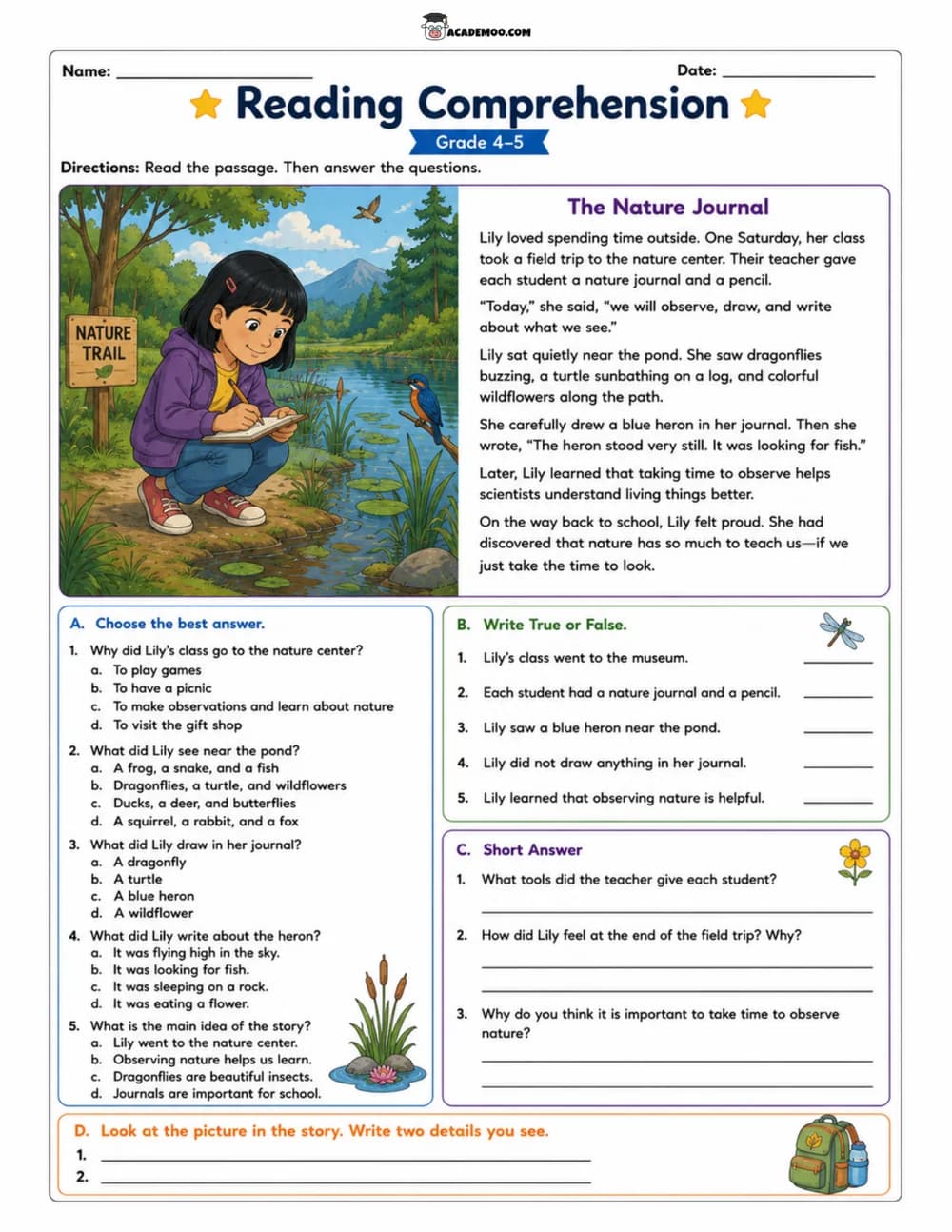 The Nature Journal worksheet — 5th grade language arts printable PDF · Printable The Nature Journal reading comprehension worksheet for 5th Grade.