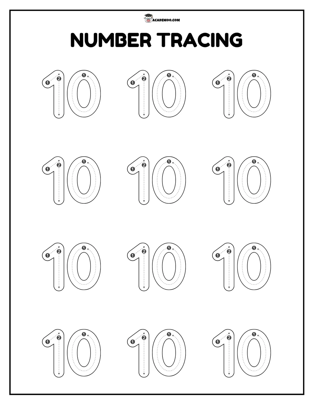 Number 10 Tracing worksheet — pre-k math printable PDF · Printable number 10 tracing worksheet for Pre-K.