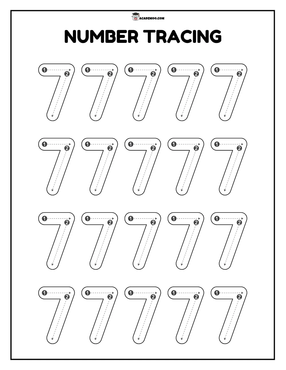 Number 7 Tracing worksheet — pre-k math printable PDF · Printable number 7 tracing worksheet for Pre-K.
