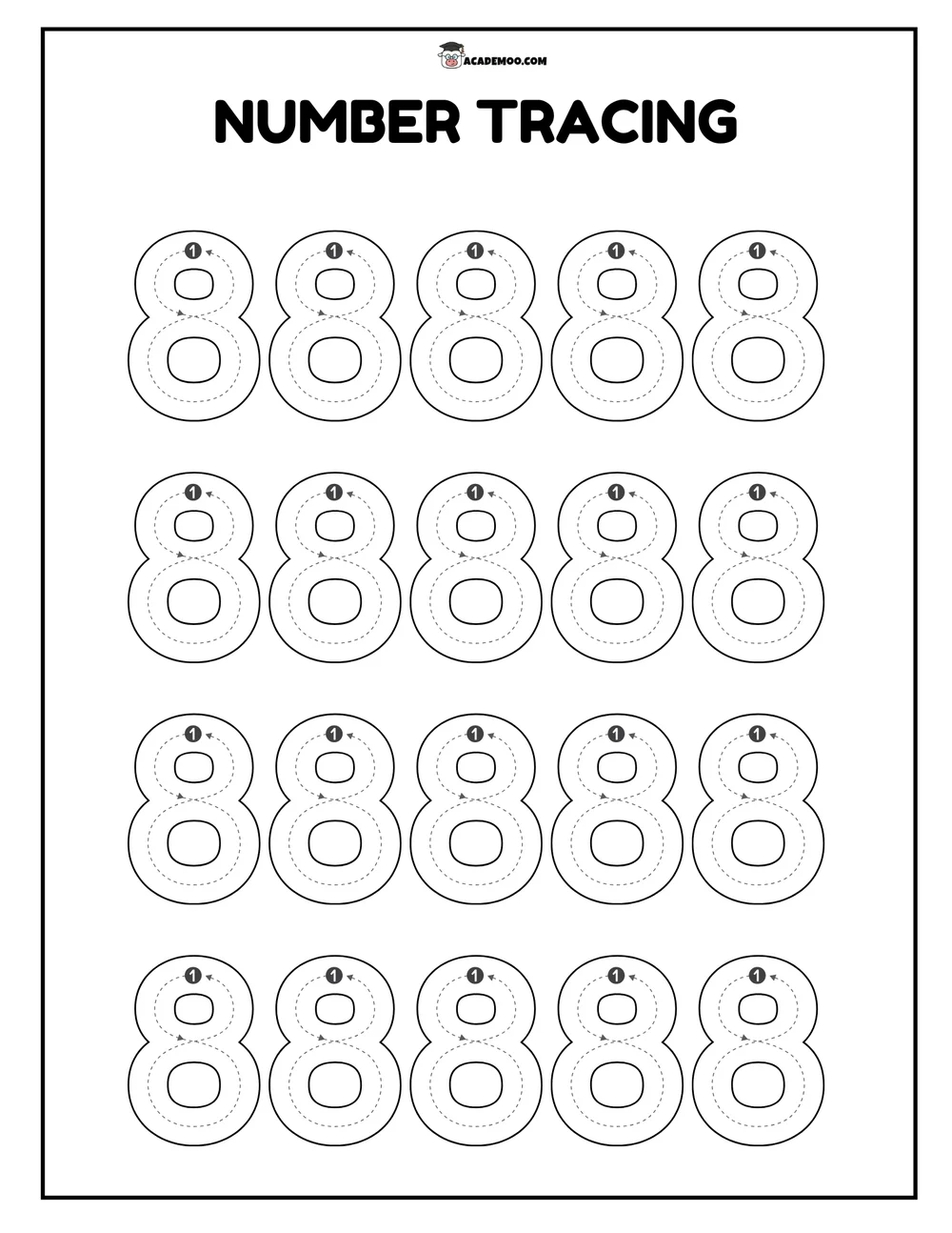 Number 8 Tracing worksheet — pre-k math printable PDF · Printable number 8 tracing worksheet for Pre-K.