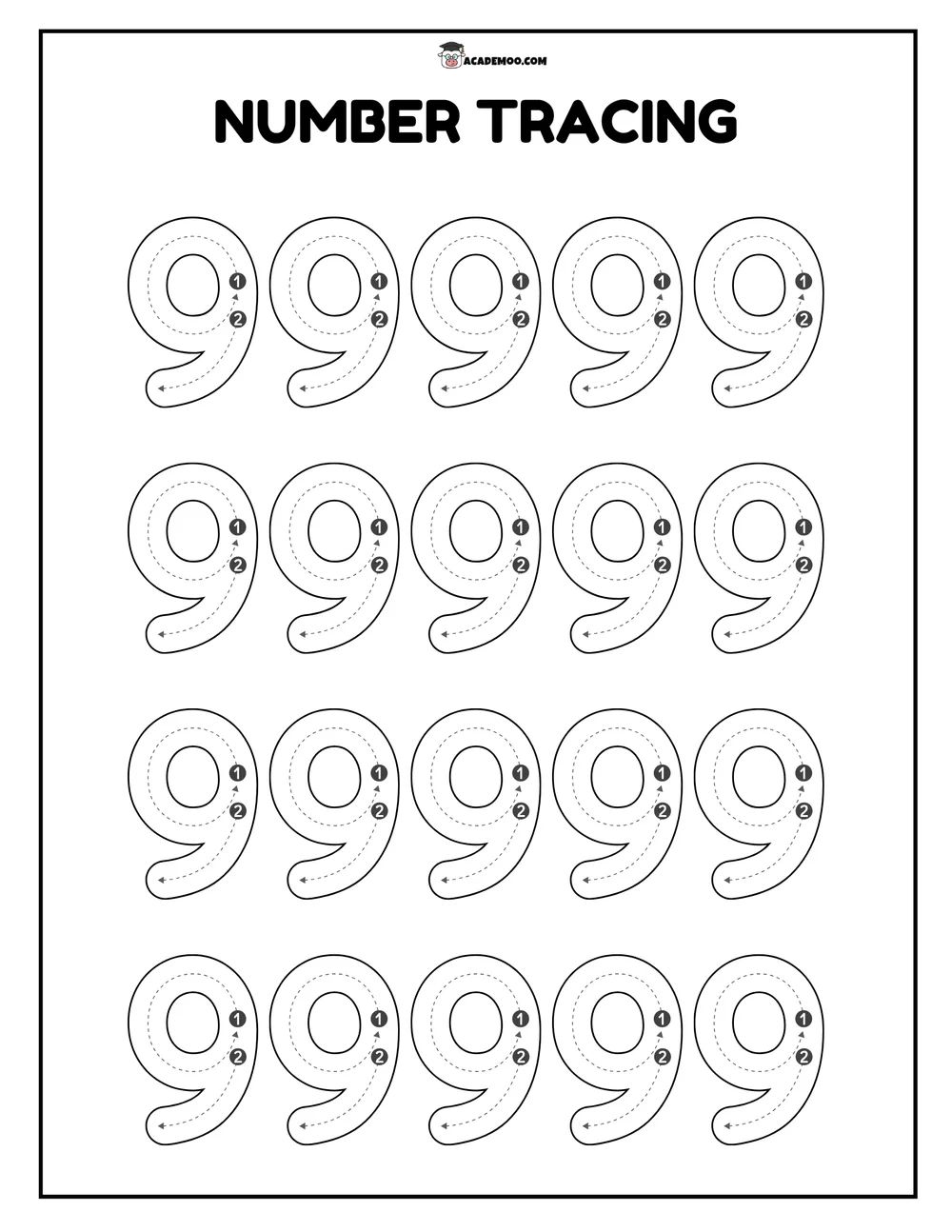 Number 9 Tracing worksheet — pre-k math printable PDF · Printable number 9 tracing worksheet for Pre-K.