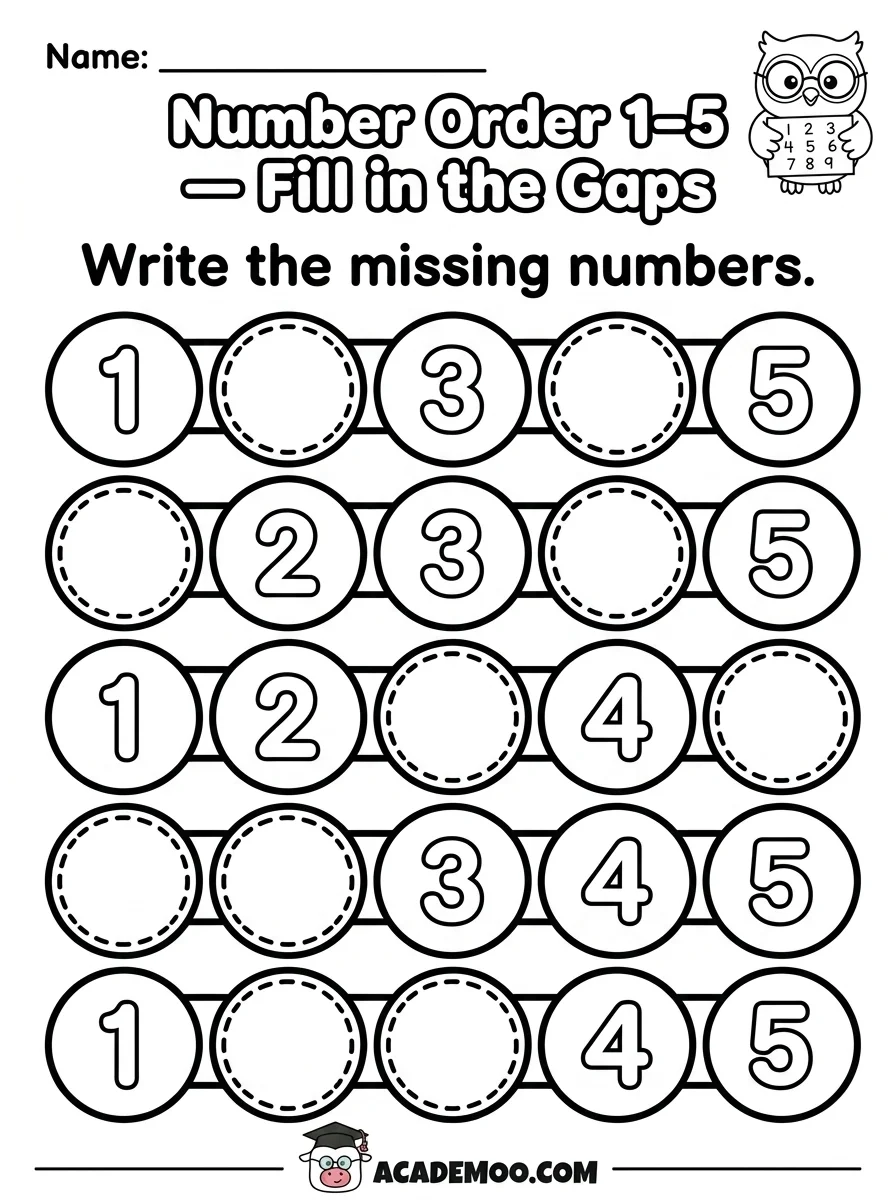 Number Order 1 to 5 worksheet — pre-k math printable PDF · Printable number order 1 to 5 worksheet for Pre-K.