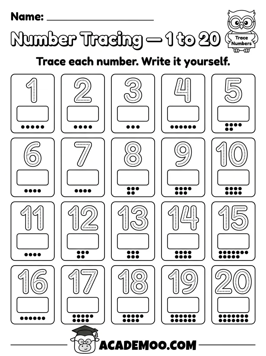 Number Tracing 1 to 20 worksheet — kindergarten math printable PDF · Printable number tracing 1 to 20 worksheet for Kindergarten.