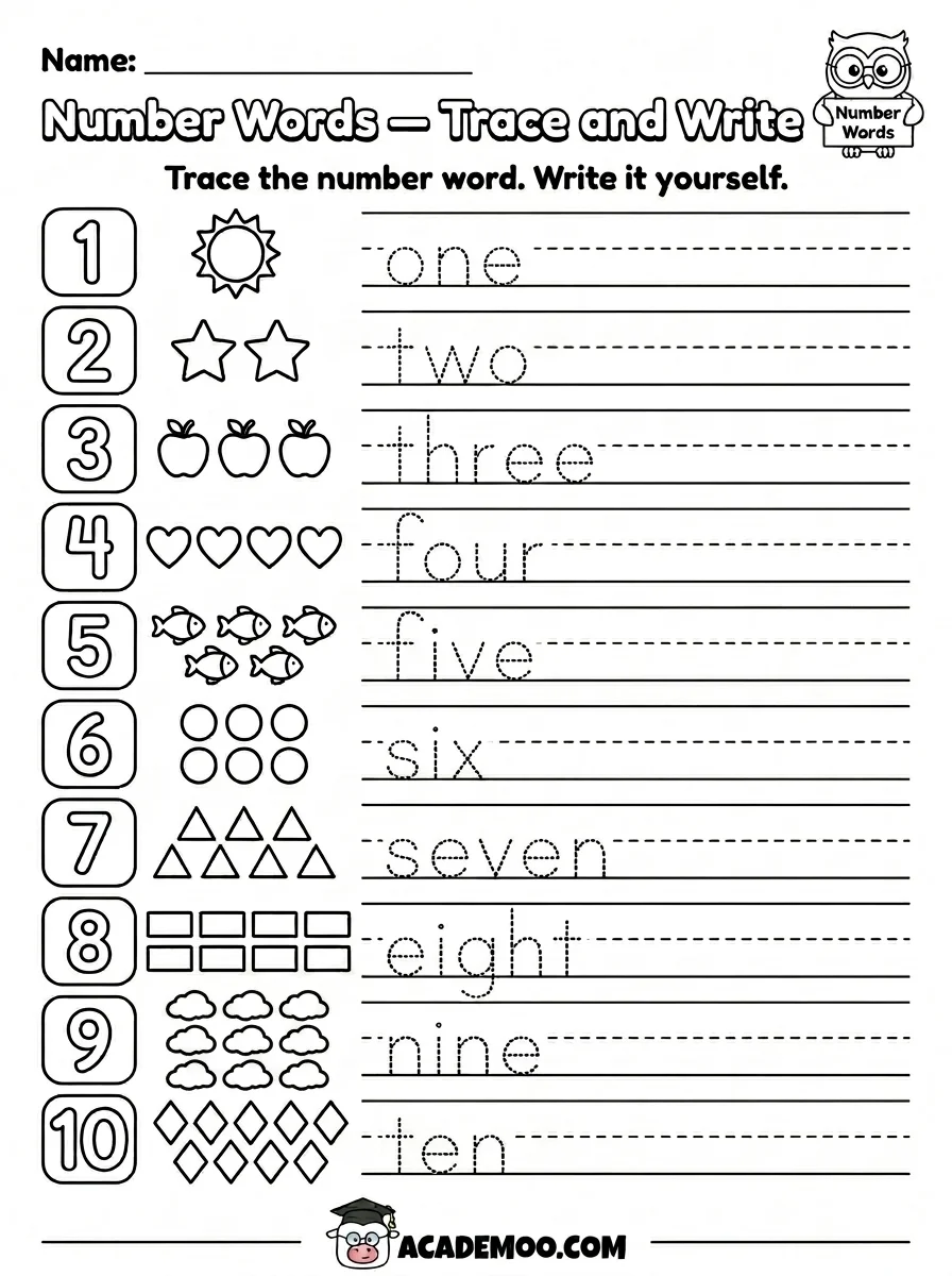 Number Words Trace and Write worksheet — kindergarten math printable PDF · Free printable number words trace and write worksheet for Kindergarten.