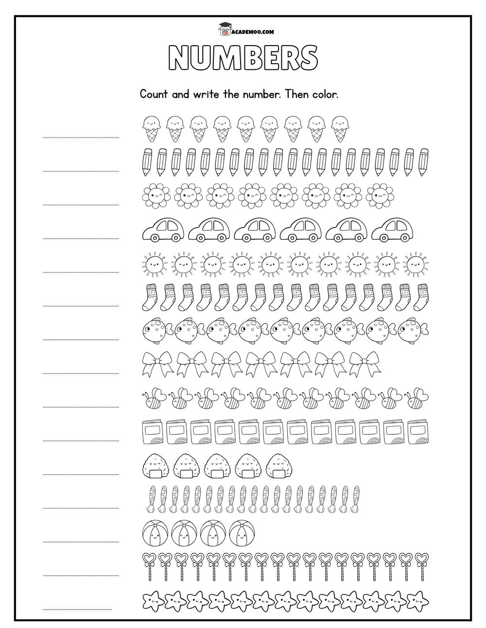 Numbers Count and Write worksheet — pre-k math printable PDF · Printable numbers count and write worksheet for Pre-K.