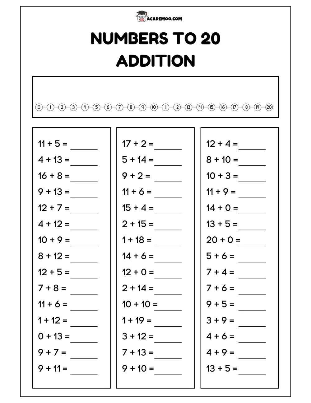 Numbers to 20 Addition worksheet — kindergarten math printable PDF · Printable numbers to 20 addition worksheet for Kindergarten.