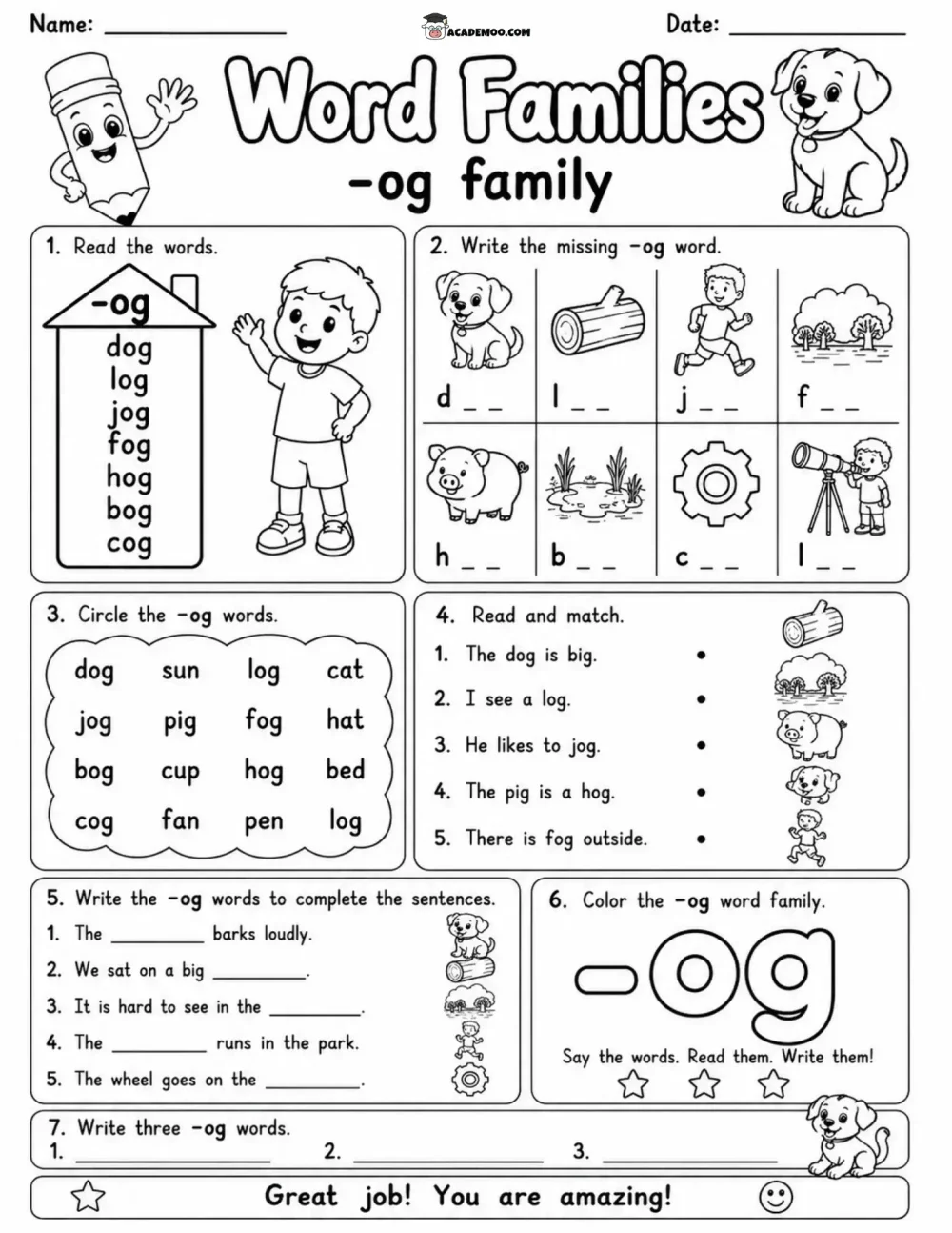 OG Word Family Practice worksheet — kindergarten language arts printable PDF · Printable og word family practice worksheet for Kindergarten.