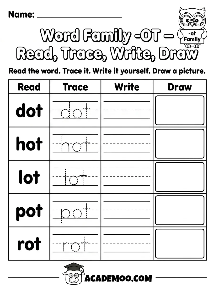 OT Word Family Read Trace Write worksheet — kindergarten language arts printable PDF · Printable ot word family read trace write worksheet for Kindergarten.