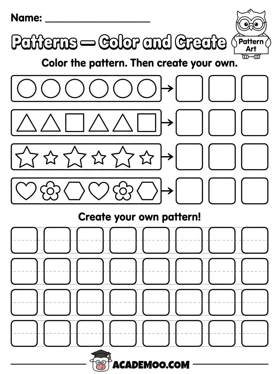 Patterns Color and Create worksheet — kindergarten math printable PDF · Free printable patterns color and create worksheet for Kindergarten.