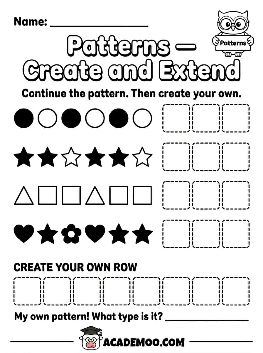 Patterns Create and Extend worksheet — kindergarten math printable PDF · Printable patterns create and extend worksheet for Kindergarten.