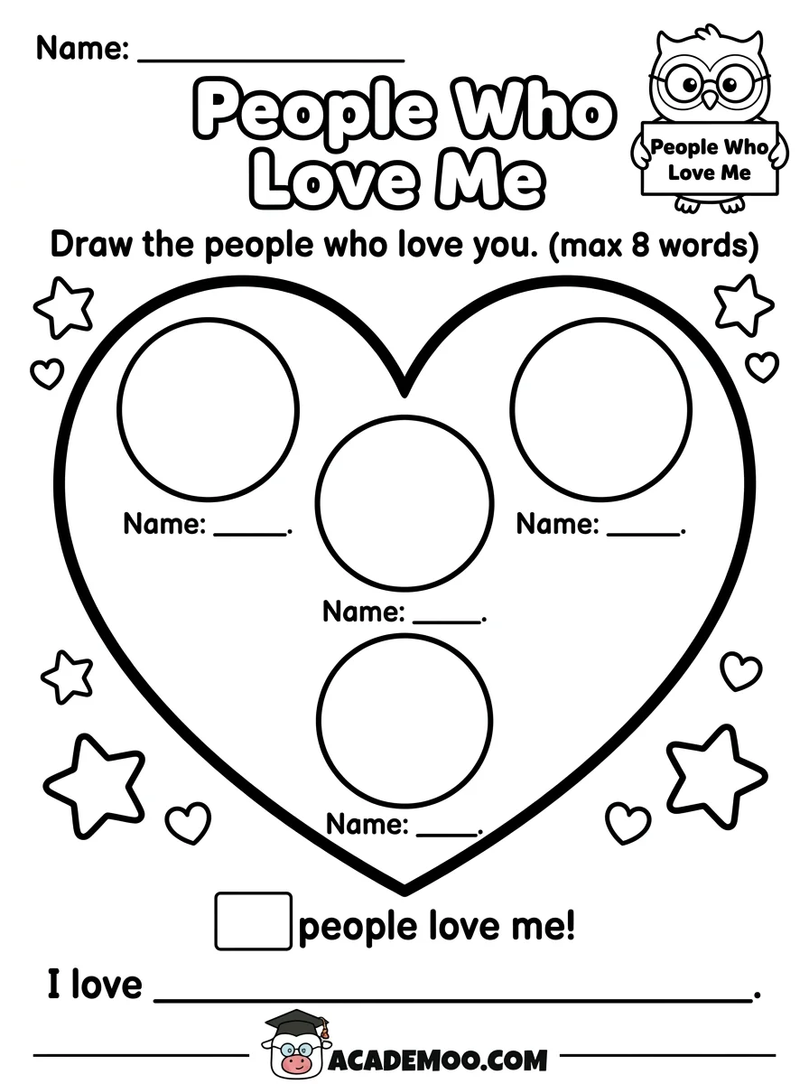 People Who Love Me worksheet — pre-k language arts printable PDF · Free printable People Who Love Me worksheet for Pre-K.