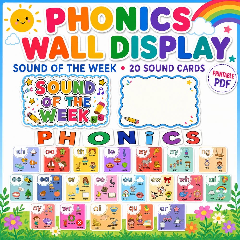 Phonics Wall Display Posters classroom printable — kindergarten language arts printable PDF · Printable phonics wall display posters for Kindergarten.