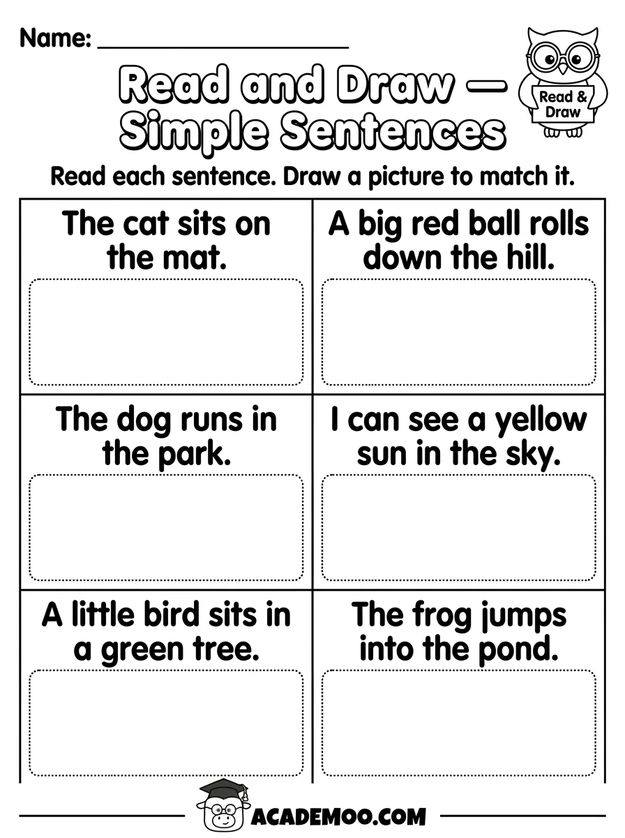 Read and Draw Simple Sentences worksheet — kindergarten language arts printable PDF · Printable read and draw simple sentences worksheet for Kindergarten.