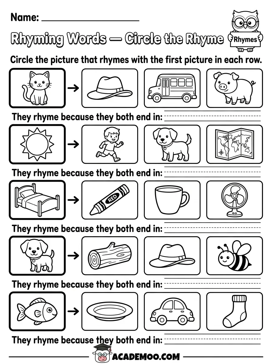 Rhyming Words Circle the Rhyme worksheet — kindergarten language arts printable PDF · Printable rhyming words circle the rhyme worksheet for Kindergarten.