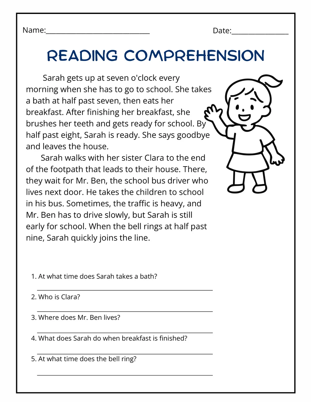 Sarah's School Morning worksheet — 3rd grade language arts printable PDF · Printable Sarah's School Morning reading comprehension worksheet for 3rd Grade.