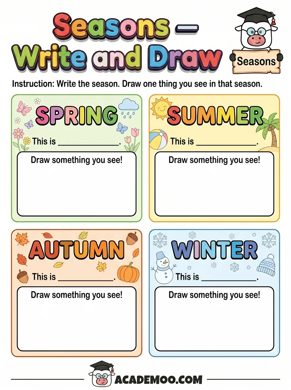 Seasons Write and Draw worksheet — kindergarten science printable PDF · Free printable seasons write and draw worksheet for Kindergarten.