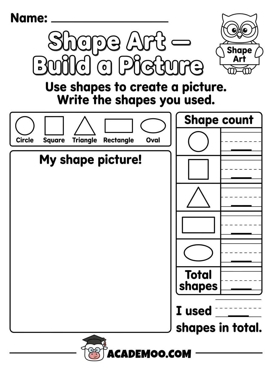 Shape Art Build a Picture worksheet — kindergarten math printable PDF · Free printable shape art build a picture worksheet for Kindergarten.