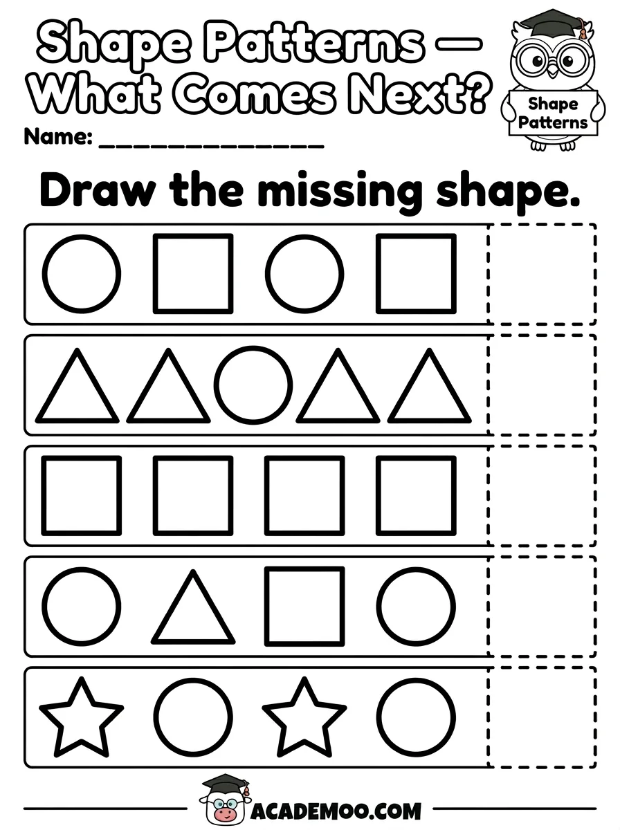 Shape Patterns What Comes Next worksheet — pre-k math printable PDF · Printable shape patterns what comes next worksheet for Pre-K.