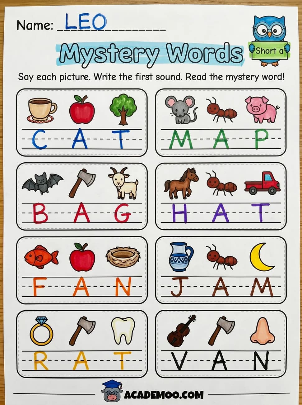 Short A Mystery Words — Free Printable Worksheet worksheet — kindergarten language arts printable PDF · Printable Short A mystery words worksheet.