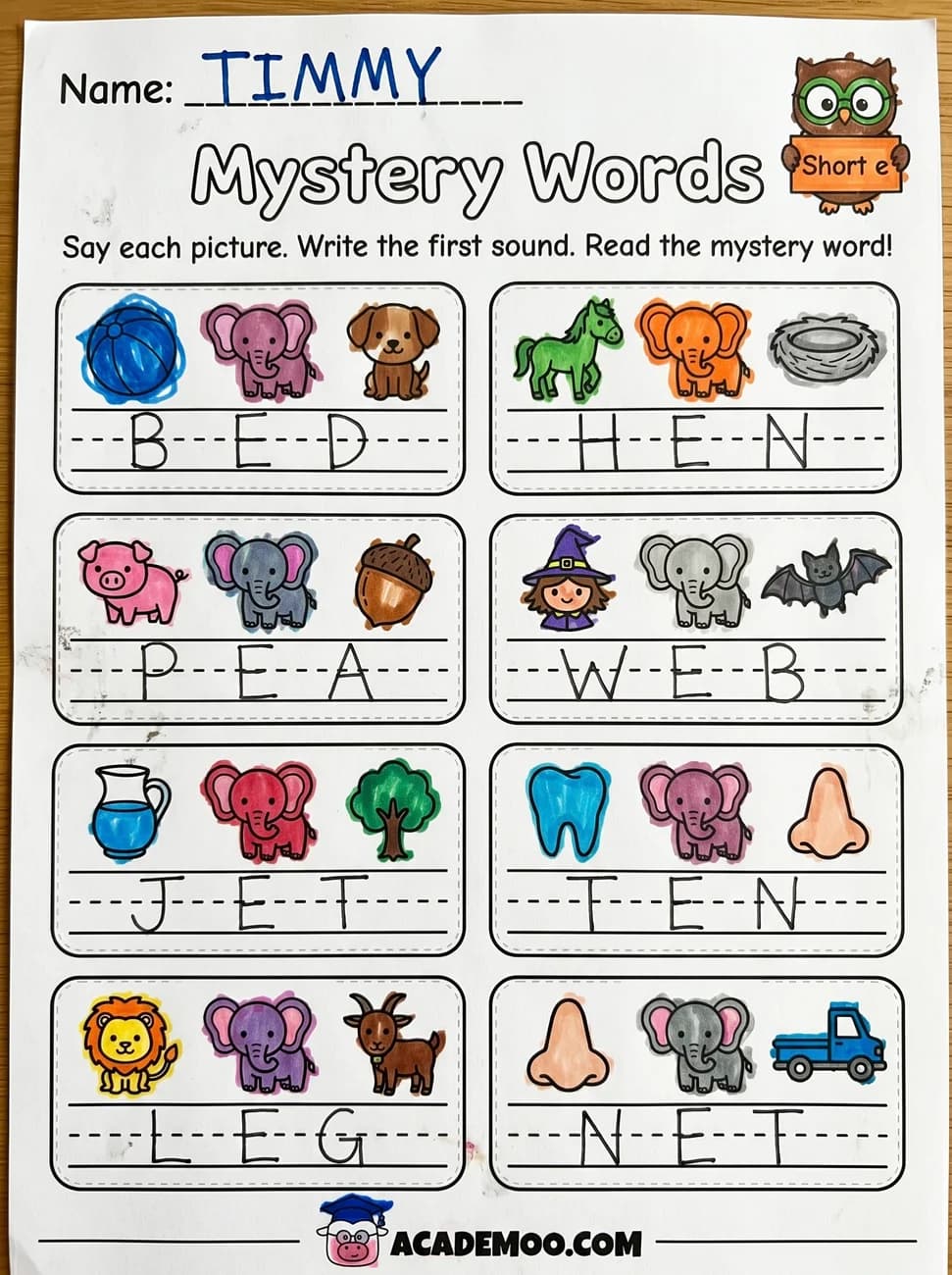 Short E Mystery Words — Free Printable Worksheet worksheet — kindergarten language arts printable PDF · Printable Short E mystery words worksheet.