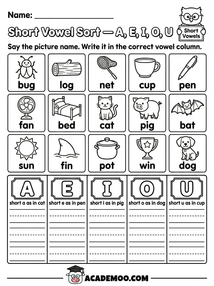 Short Vowel Sort A E I O U worksheet — kindergarten language arts printable PDF · Printable short vowel sort a e i o u worksheet for Kindergarten.