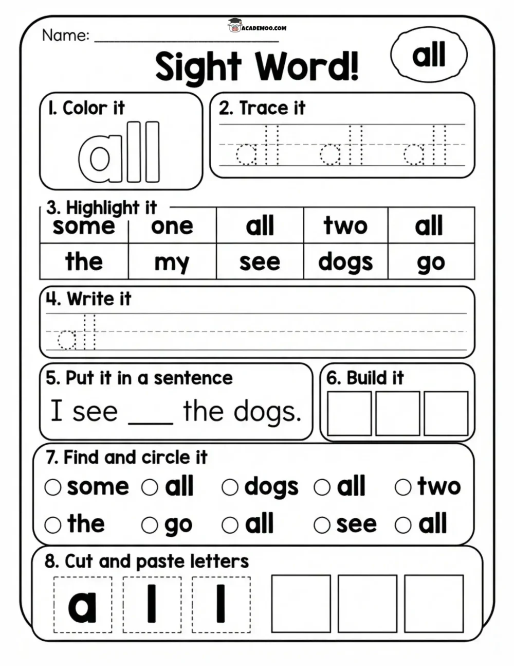 Sight Word All worksheet — kindergarten language arts printable PDF · Printable sight word all worksheet for Kindergarten.