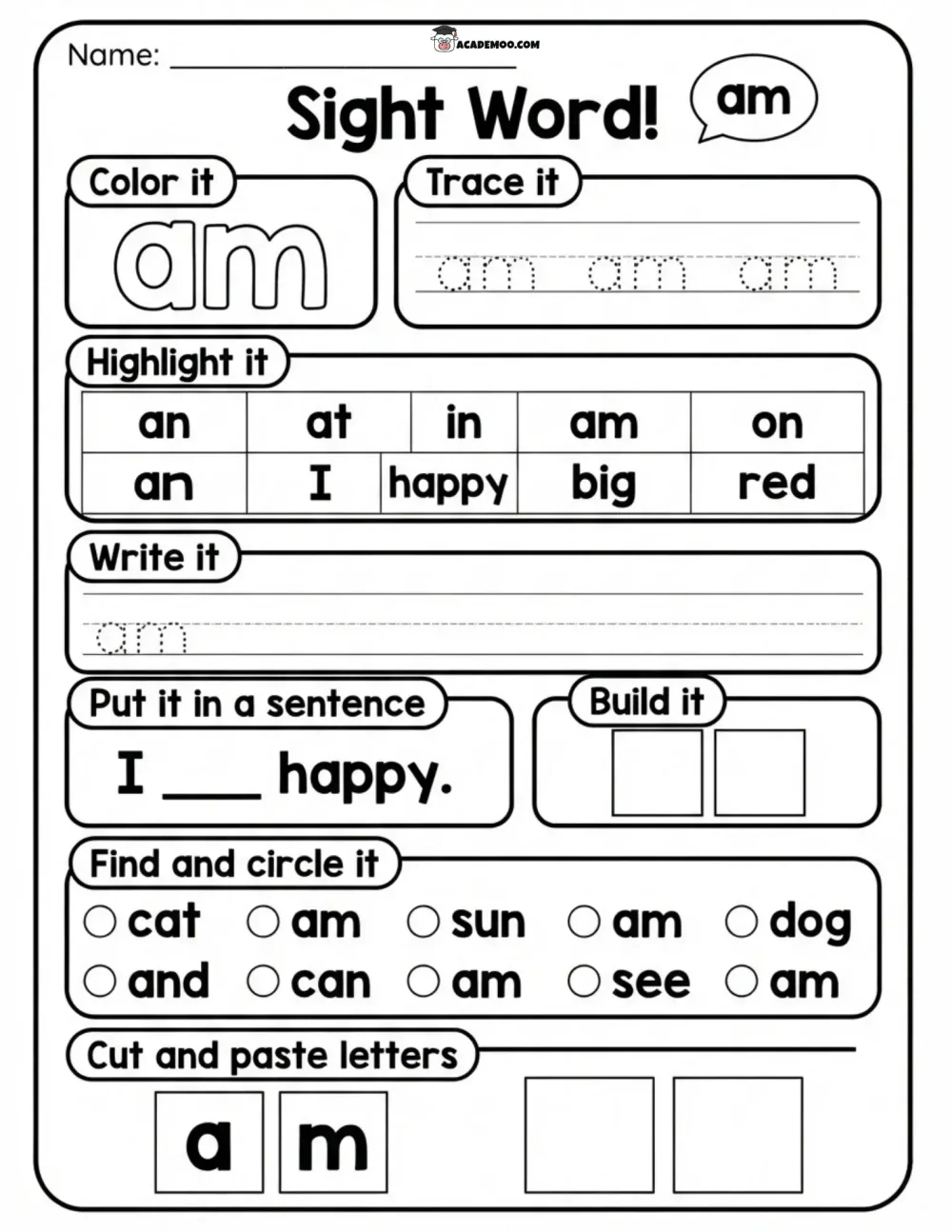 Sight Word Am worksheet — kindergarten language arts printable PDF · Printable sight word am worksheet for Kindergarten.