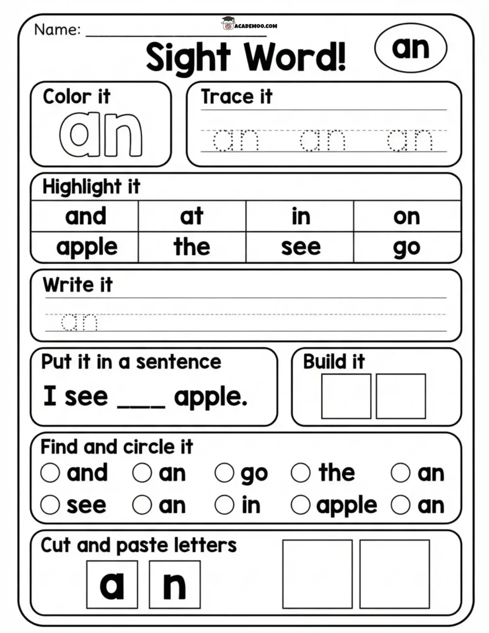 Sight Word An worksheet — kindergarten language arts printable PDF · Printable sight word an worksheet for Kindergarten.