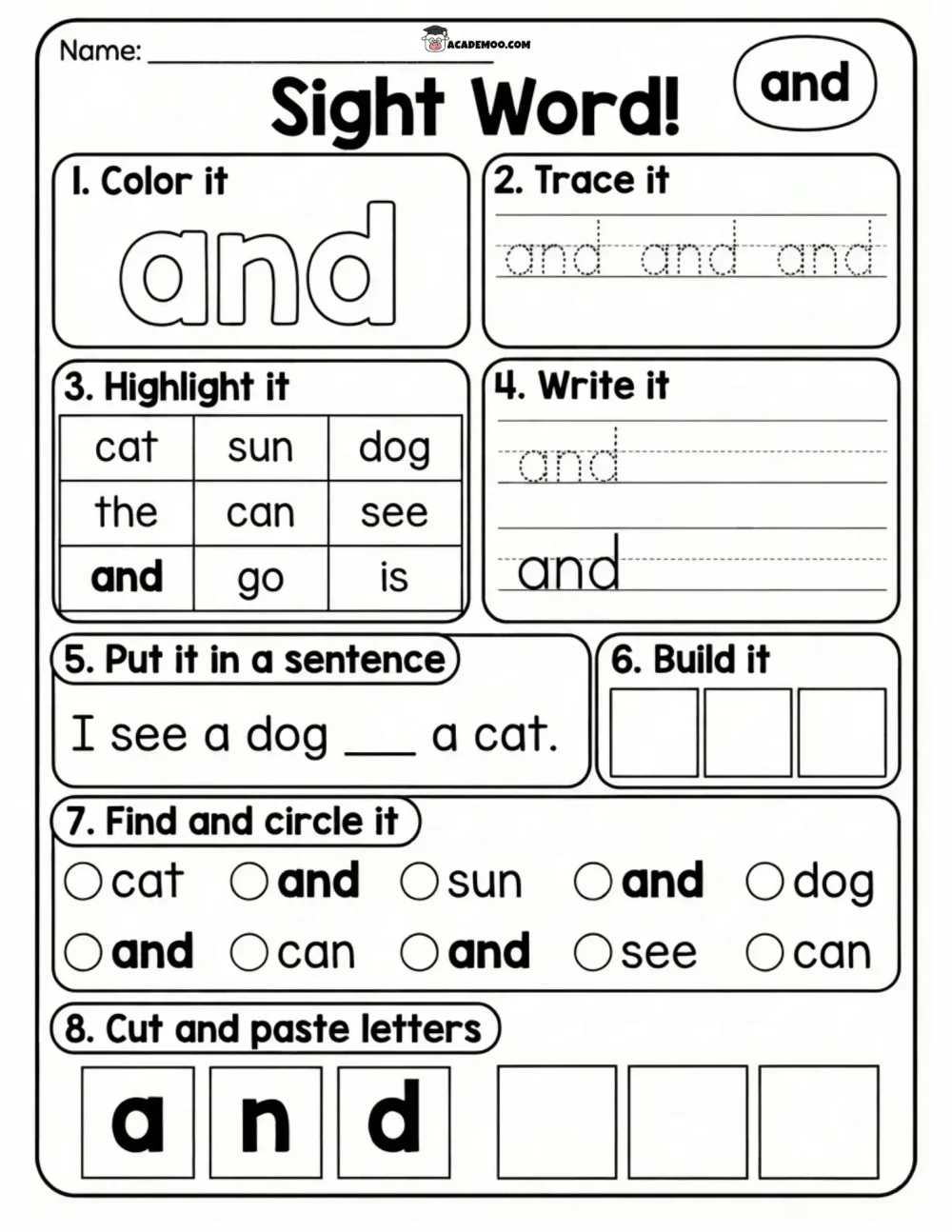 Sight Word And worksheet — kindergarten language arts printable PDF · Printable sight word and worksheet for Kindergarten.